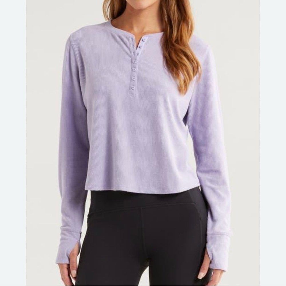 Zella Women's Lavender Cozy Rib Henley Top sz Large
